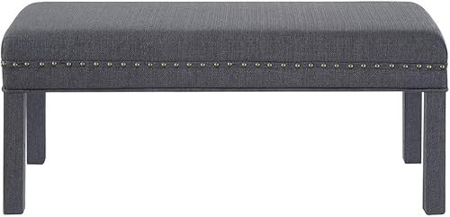 Miniatura 4 de 24KF Banco de cama tapizado de lino con ribete de cabeza de uñas, banco acolchado copetudo, gris oscuro