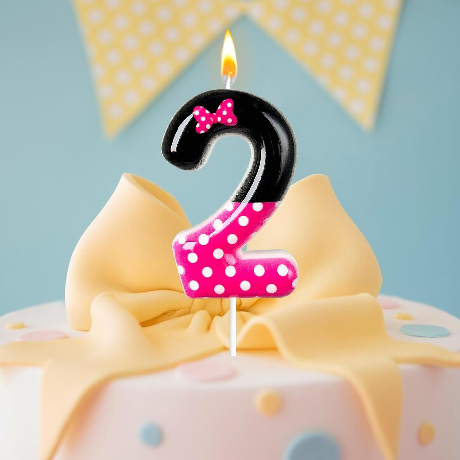 2nd Pink Black Birthday Candles for Girls，Number Birthday Decorations for Girls，Pink Mouse Cake Topper Cupcake Decor，Cartoon Themed Birthday Party Decorations Supplies
