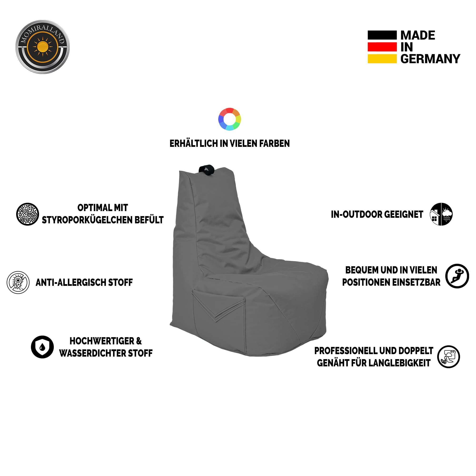 Komfort Sitzsack XL - XXL mit Hocker Sitzkissen BodenKissen Sessel In- & Outdoor geeignet Gaming Sitzsack für Erwachsene und Kinder (Anthrazit, XL - Durchmesser 75 cm)