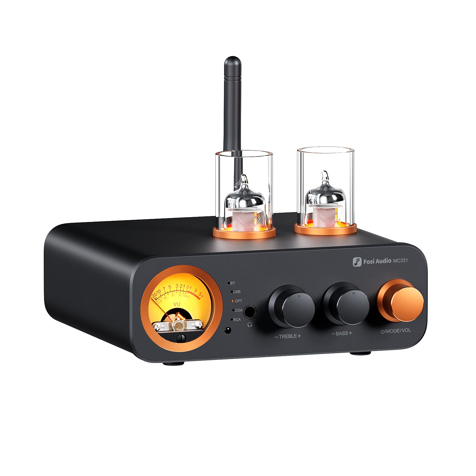 Fosi Audio MC331 Röhrenvollverstärker mit DAC, 2 Kanal Heim Stereo Audio Verstärker für HiFi Regallautsprecher/3,5mm Kopfhörer, Retro VU-Messer Vorverstärker mit Bluetooth und USB/Opt/Coax/RCA