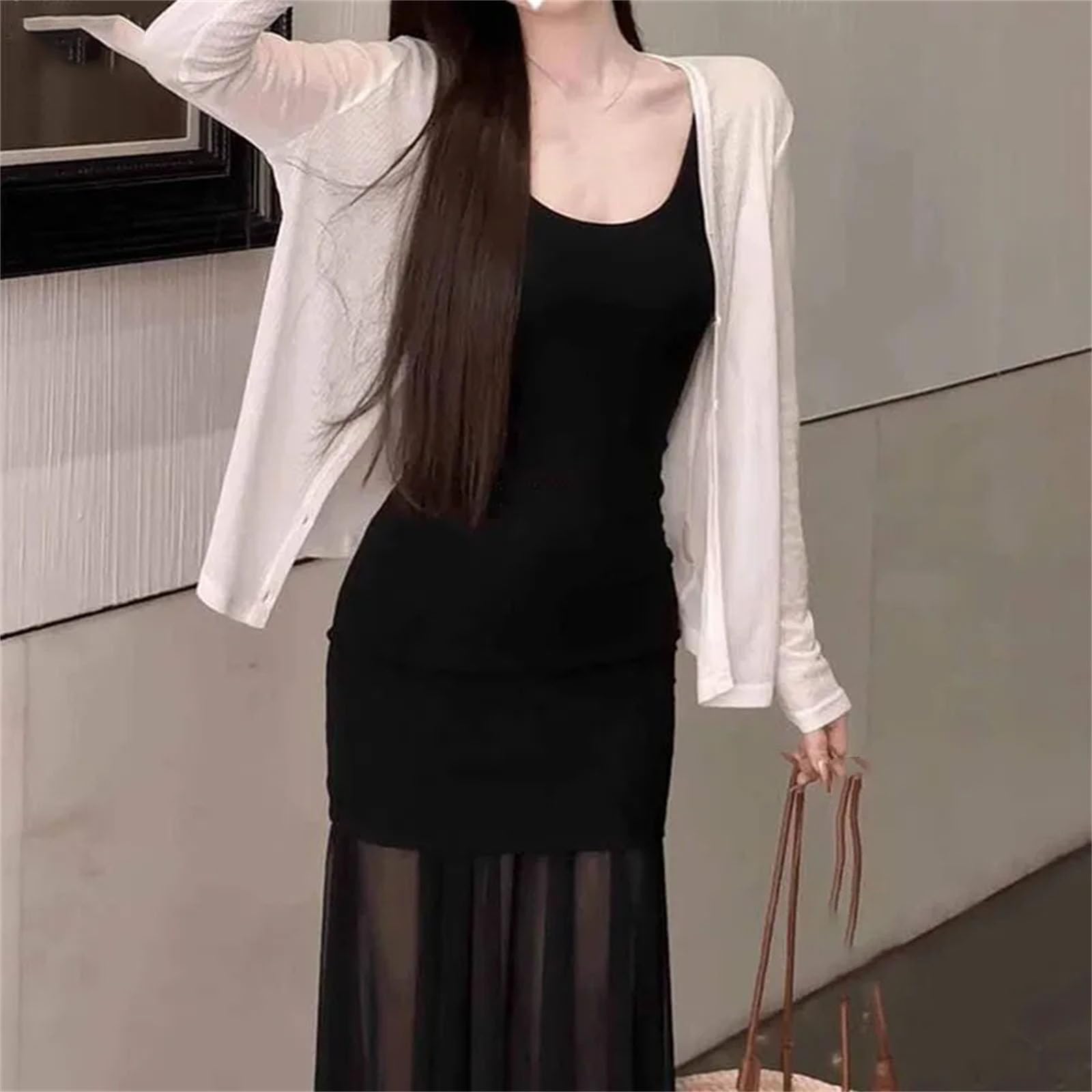 Robe longue à bretelles spaghetti pour femme - En maille transparente - Noir - Pour fête sexy