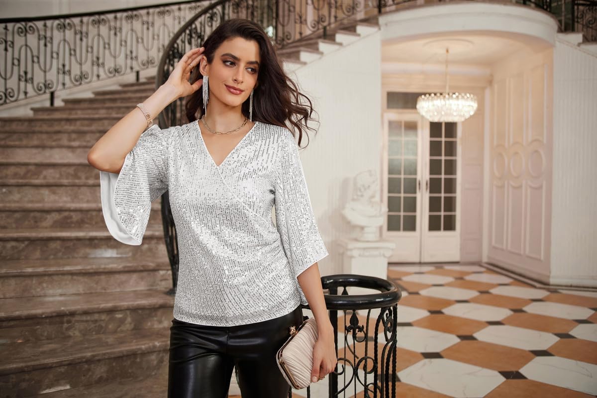 GRACE KARIN Womens Sparkly Sequin Tops,3/4 Sleeve Glitter Party Dressy Blouse,V-Neck Disco Evening Club Concert Shirt - Image 3