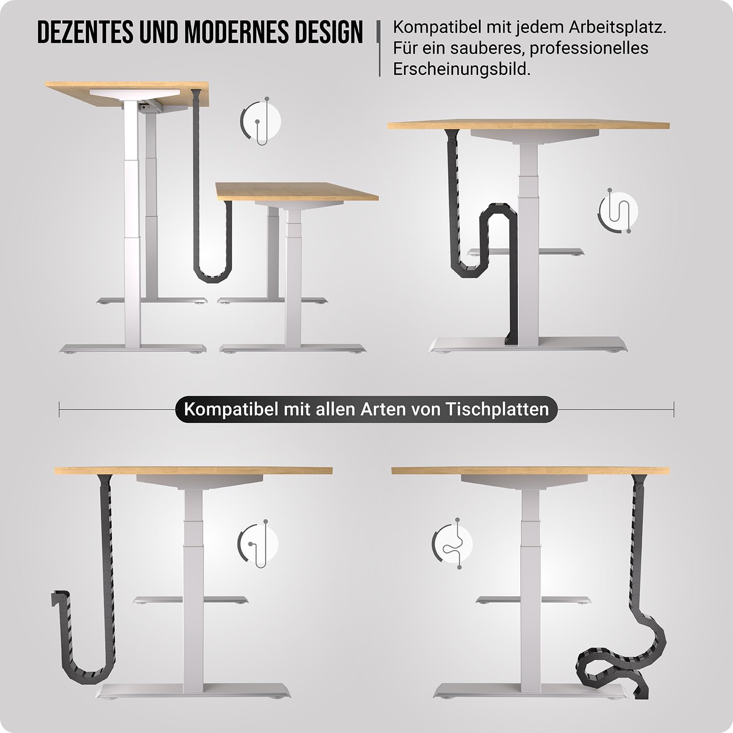 Kabelführung Schreibtisch, Flexibel anbringbare Kabelschlange, Robuste Kabelkette, Flexibler Kabelkanal für ideales Schreibtisch Kabelmanagement und für höhenverstellbare Schreibtische (Schwarz)