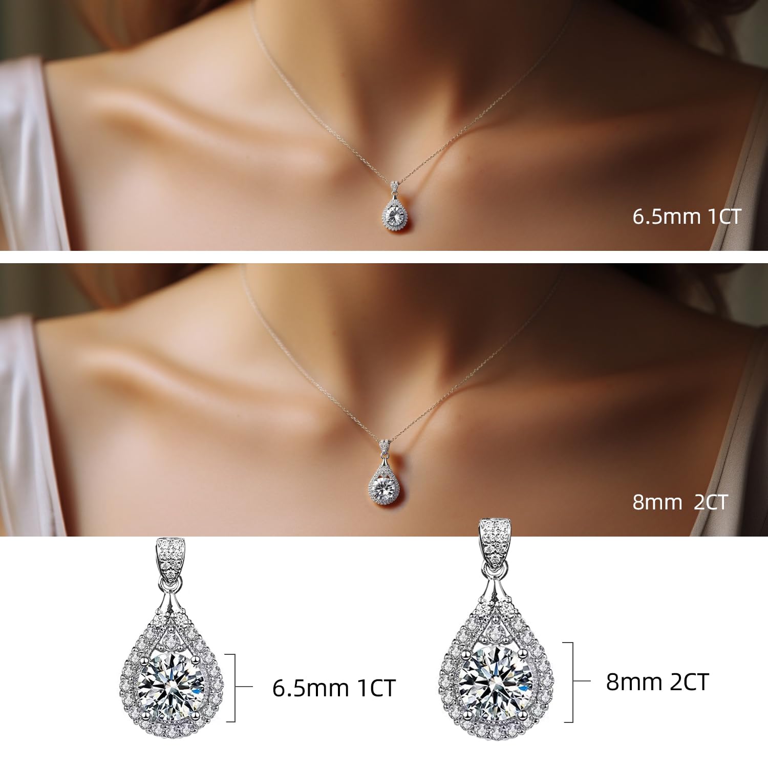 FEIKFEIZ Collana in moissanite da donna, pendente in diamante coltivato in laboratorio da 2 carati, placcata in rodio, collana d'argento con una sola gemma, con scatola regalo inclusa.