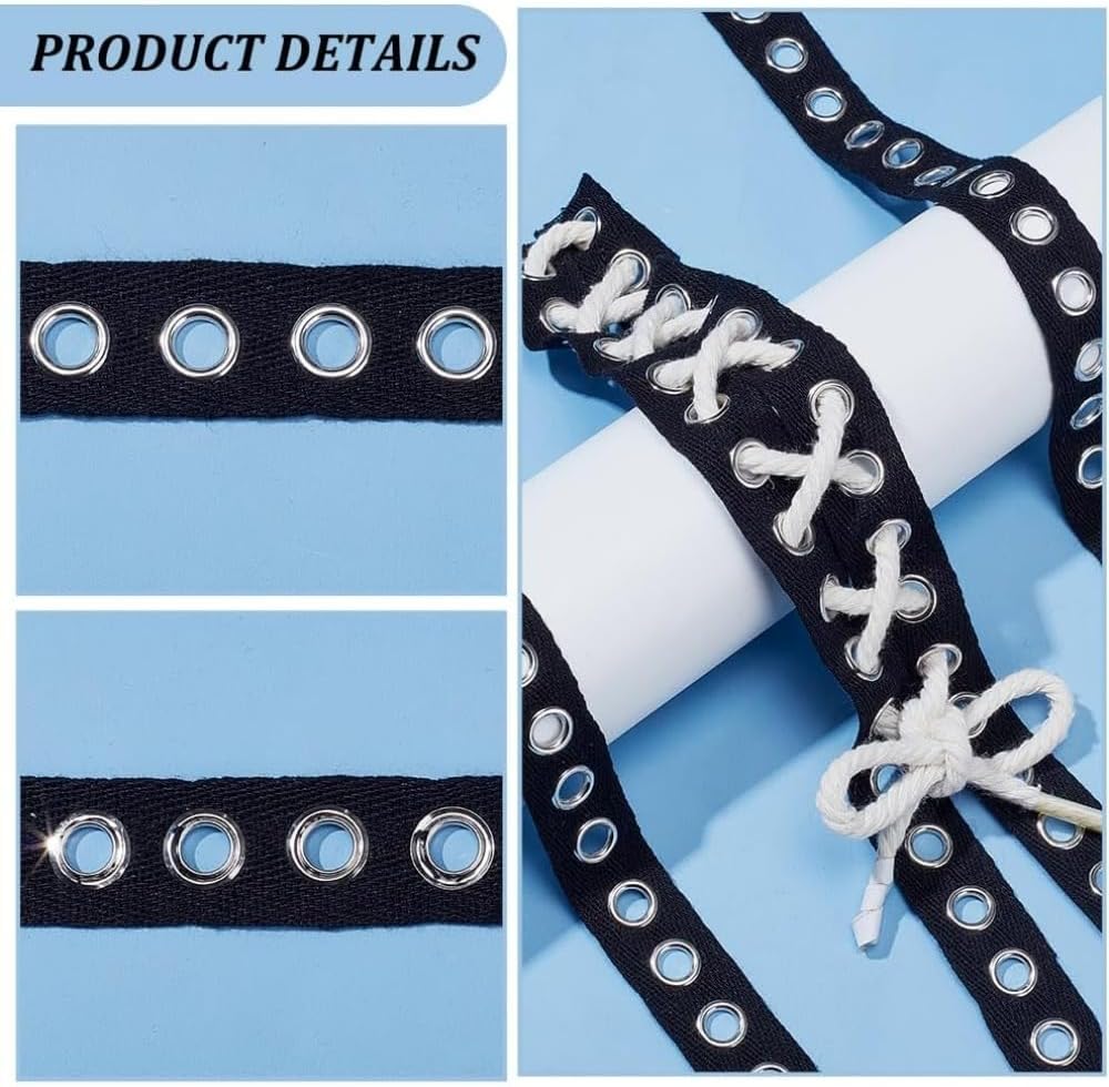Grommet Tape 10 Yards Cotton Eyelet Tape Trim 3/4 Inch Wide Metal Ribbons Black String Threads for Sewing Crafts