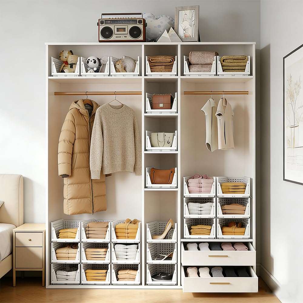4 x organizer impilabile per cassetto, abbigliamento impilabile, cassetto scorrevole, portaoggetti per armadio, cucina, bagno, camera da letto (bianco, set di 4, 33,5 x 43 x 72 cm)