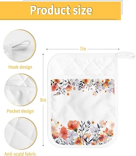 Miniatura 35 de Watercolor Flower 5Pcs Pot Holders for Kitchen,Non Slip & Heat Insulation Terry Cloth Potholder Set with Pocket,Thick Hot Pad Oven Mitts Trivet