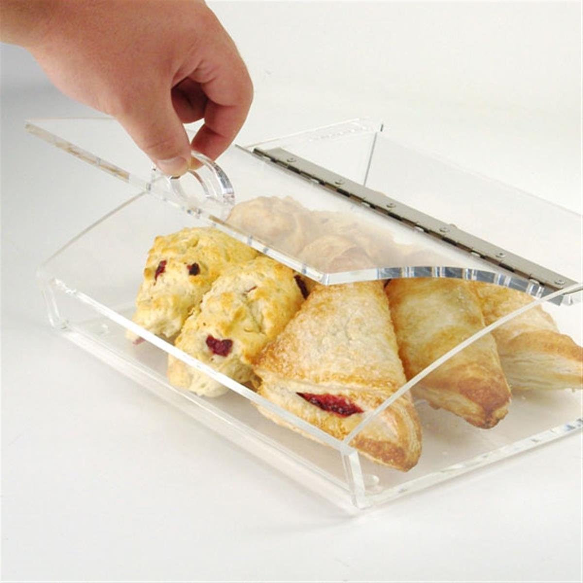 Countertop Food Display Case With Curved Lid, Clear Acrylic With Hinged Door And Non-Skid Rubber Feet