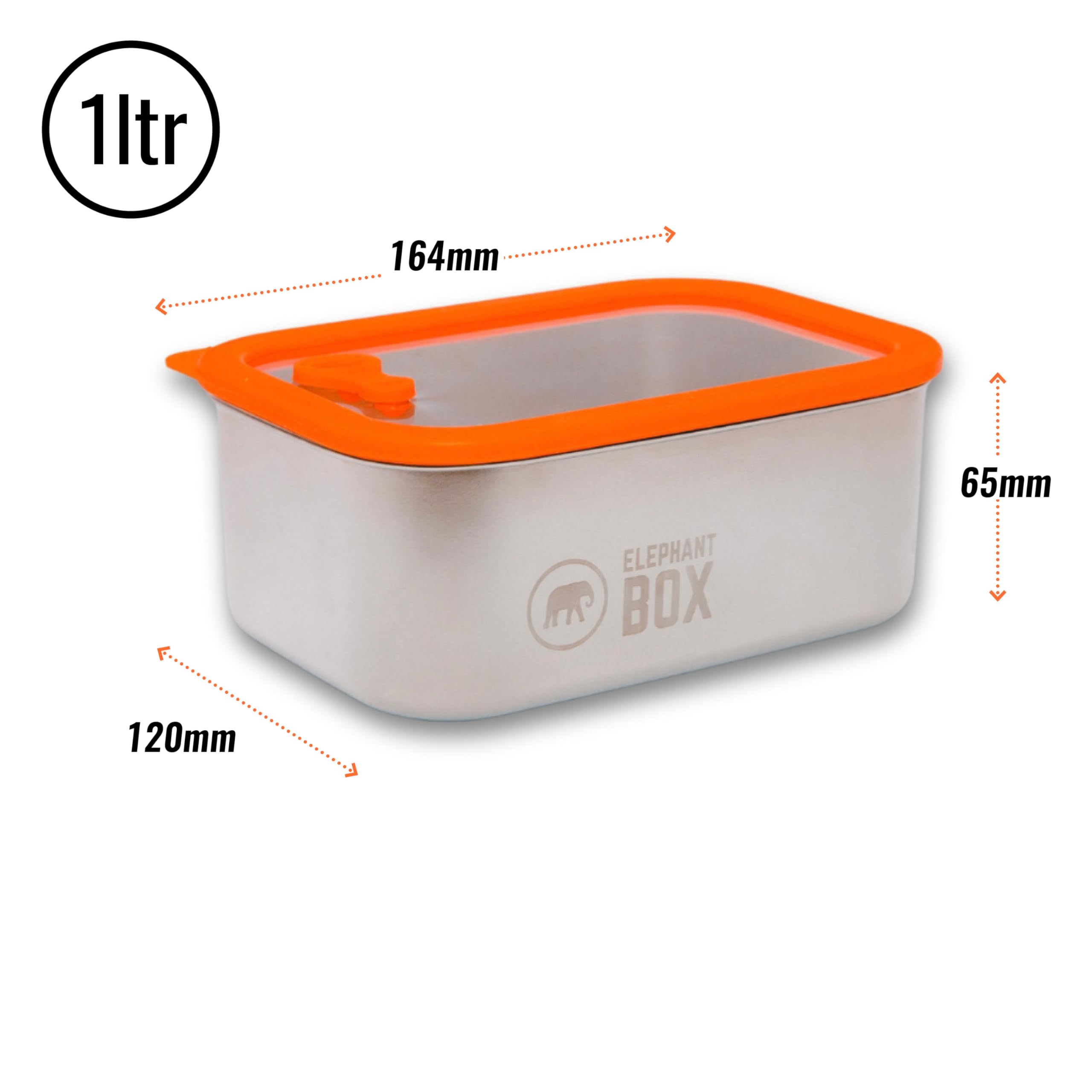 Elephant Box Prep and Store Container - Leakproof Stainless Steel, Borosilicate Glass Lid, Microwave-Safe (Orange, 1 Litre) - Image 3