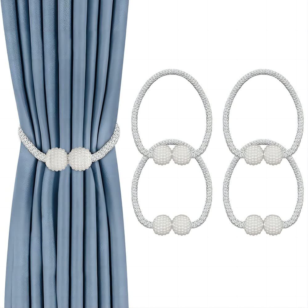 Magnetic Curtain Tiebacks, 4pcs Convenient Drape Tie Backs Decorative Curtain Holdbacks Holder Curtain Tiebacks for Window Draperies - Pearl Shape (Gray) (4)