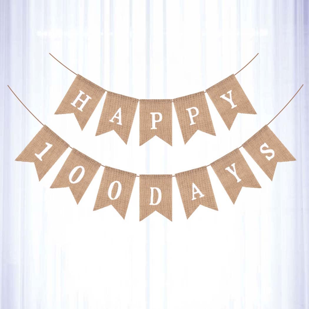 Borsgye Happy 100 Days Burlap Bunting Banner Swallowtail Flag Handwriting Baby Shower Banner Adjustable DIY Decoration for Baby Welcome Sign Baby Photo Prop Gender Reveal Party Supplies - Image 2