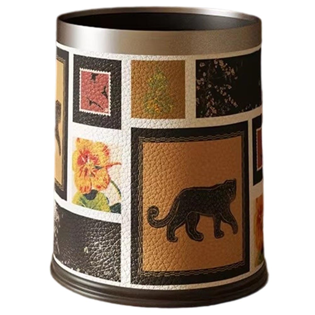 Sslvya Leather Wastebasket, Retro Style Round Pu Leather Waste Bin Paper Basket Trash Can Dustbin Garbage Bin Waste Basket for Home Office