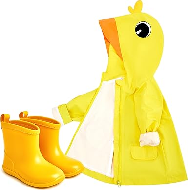 2 Pcs Toddler Raincoat Rain Boots Set Kids Baby Cartoon Hoodie Zipper Jacket Short Rain Shoes for Little Boys Girls
