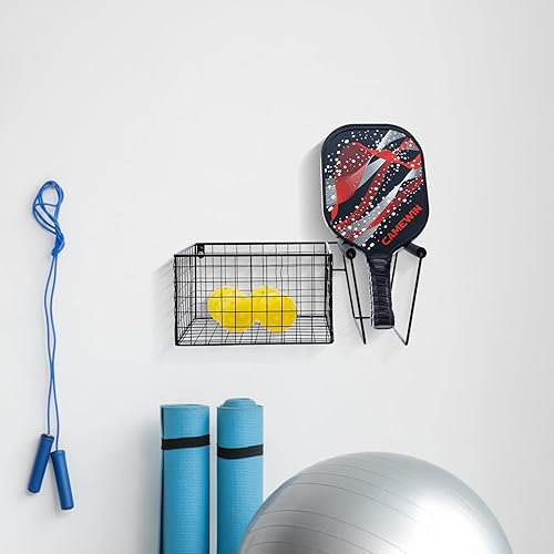 Miniatura 4 de MyGift 16 Inch Wall Mounted Metal Pickleball Paddle Rack and Storage, Hanging Equipment Organizer with Racket Holder and Basket for Balls