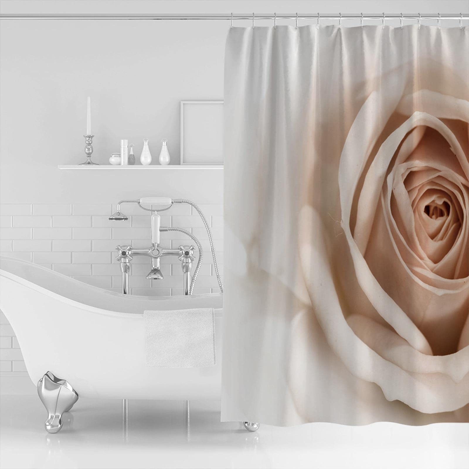 Cortinas de Ducha de baño de Tela Extra Larga Rosa Blanca Juegos de decoración de baño con Ganchos poliéster Impermeable Lavable 120x200cm