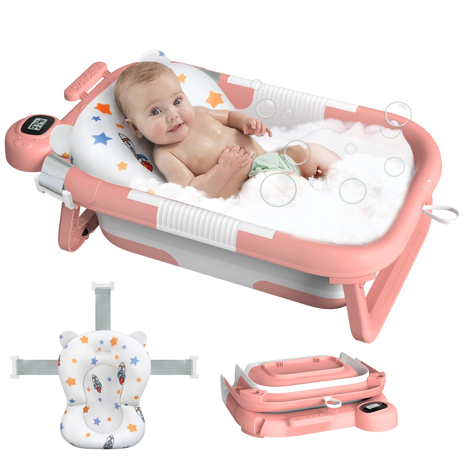 Collapsible Baby Bathtub, Baby Bath Tub for Newborn to Toddler with Floating Cushion for Bath Support, Portable Baby Tub for Infants with Temp Monitor