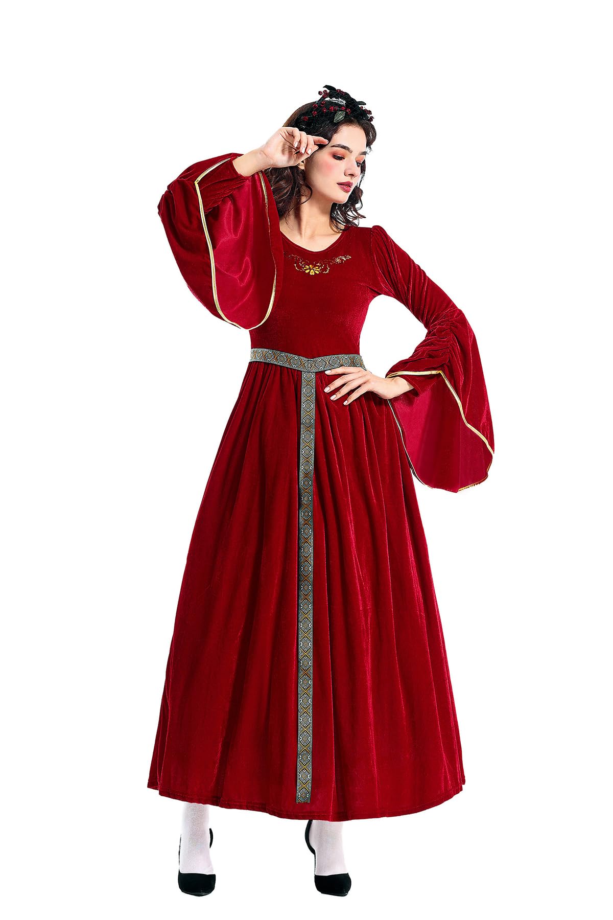 YUDATPG Women Renaissance Dress Medieval Costume for Women Long Dress Plus Size Velvet Queen Dresses Halloween Costume (Red, XL)