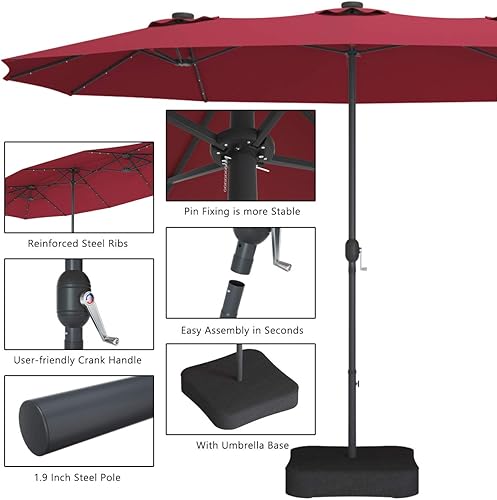 Miniatura 6 de Tangkula Sombrilla grande de patio de 15 pies con luces solares, doble cara para exteriores con base incluida, 36 luces LED, para jardín, terraza,