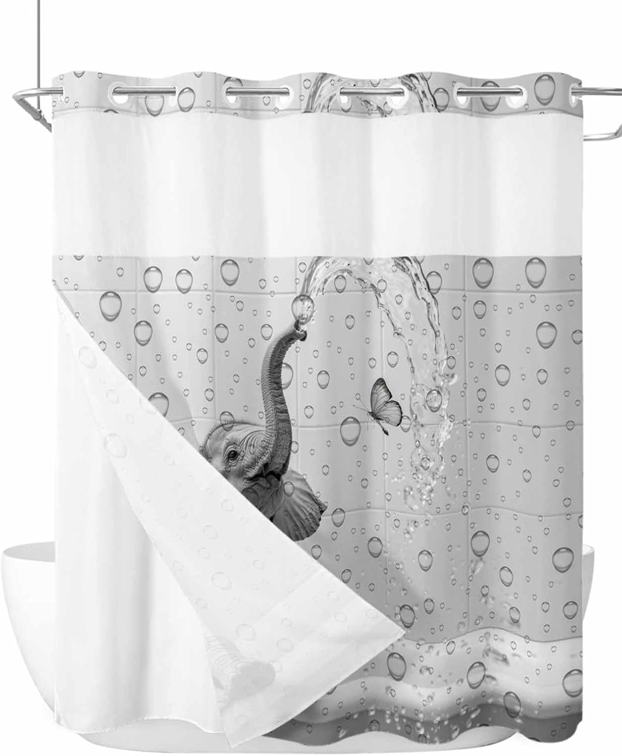Modern Elephant No Hook Shower Curtain with Snap in Liner Set Long Shower Curtains for Bathroom Decor Grey Modern Art Bathtub Waterproof Bath Curtain with See Through Top Window 72x78 Inch