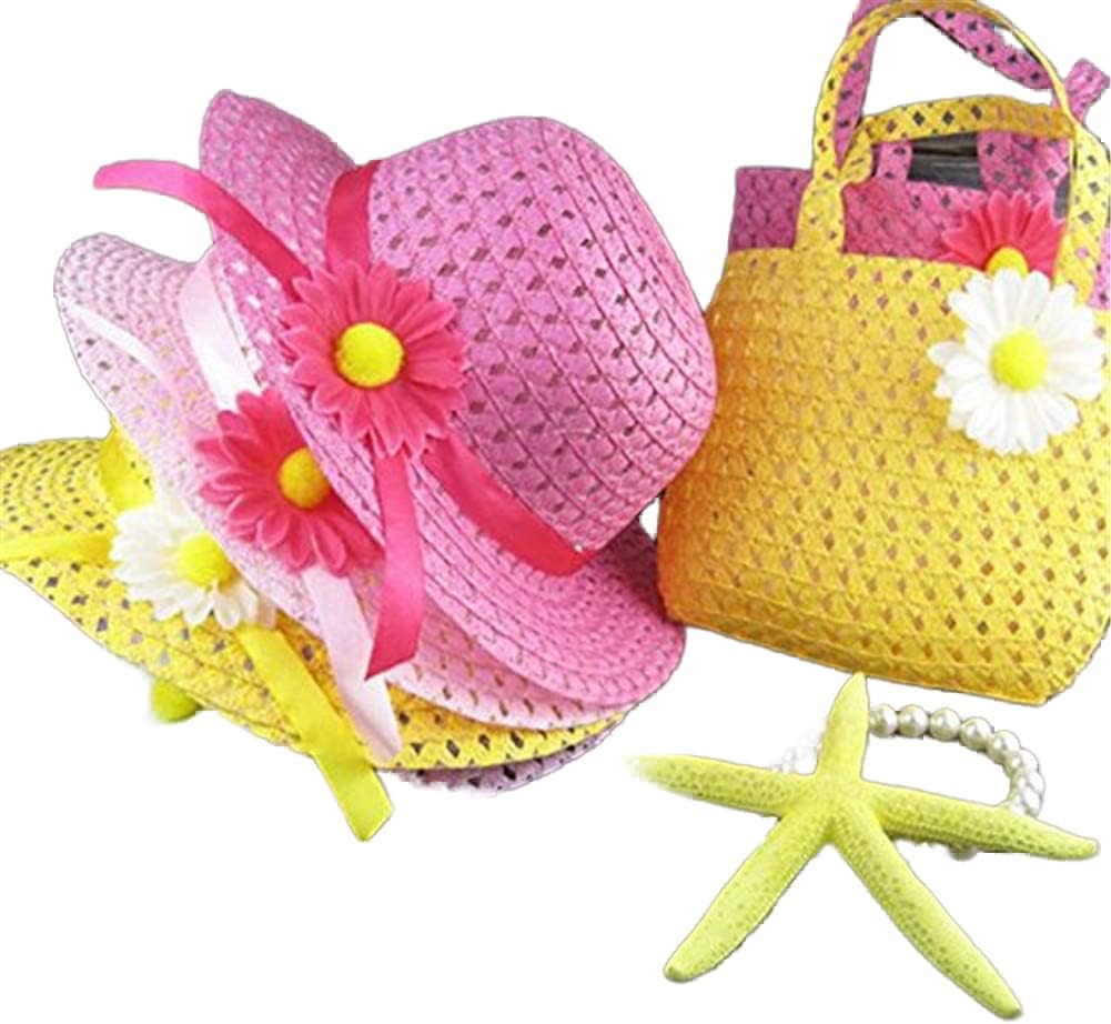 3 Sets Girls Tea Party Sun Hat and Purse Ensembles - Play Set Includes 3 Straw Purses & 3 Daisy Flower Sunhats