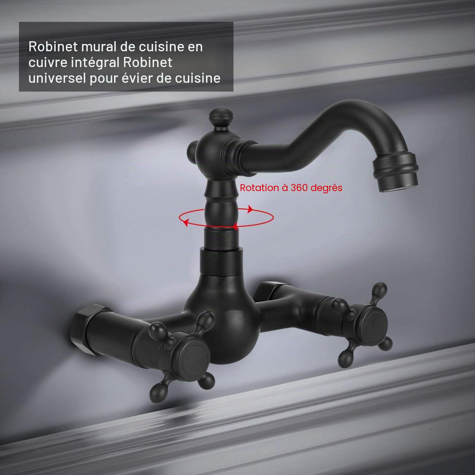 Robinet de Lavabo en Cuivre Double Poignée G1/2, Montage Mural Encastré | Robinet Mitigeur de Baignoire avec Eau Chaude et Froide, Universel pour Cuisine et Salle de Bain, Double Poignée Contrôle