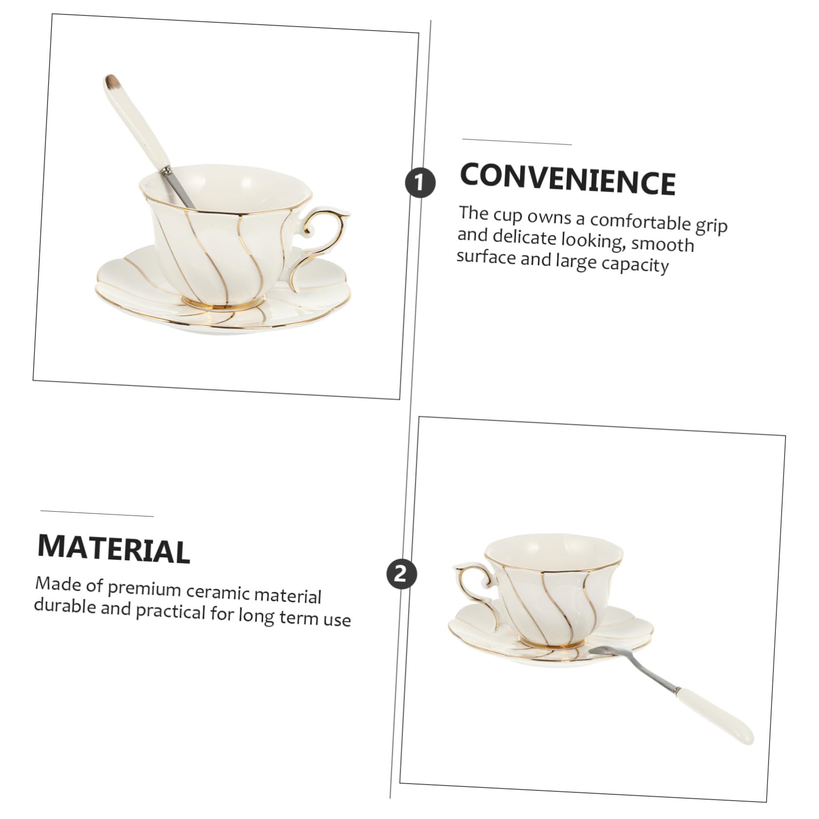Gatuida Tazas de Café y Té de Elegante con Dorado Set de Taza Plato y Cuchara Resistente y Fácil de Limpiar para Hogar y Oficina
