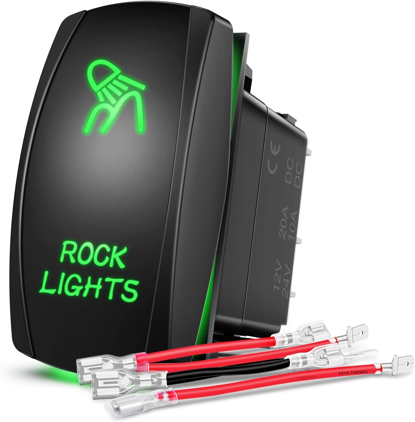 Nilight Rock Lights Rocker Switch Led Light Bar Switch 5Pin Laser On Off SPST switches 20A/12V 10A/24V Switch Green with Jumper Wires Set for Cars Trucks RVs,2 Years Warranty