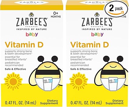 Zarbee's Vitamin D Drops for Infants, 400IU (10mcg) Baby & Toddler Liquid Supplement, Newborn & Up, Dropper Syringe Included, Pack of 2 0.47 Fl Oz Bottles