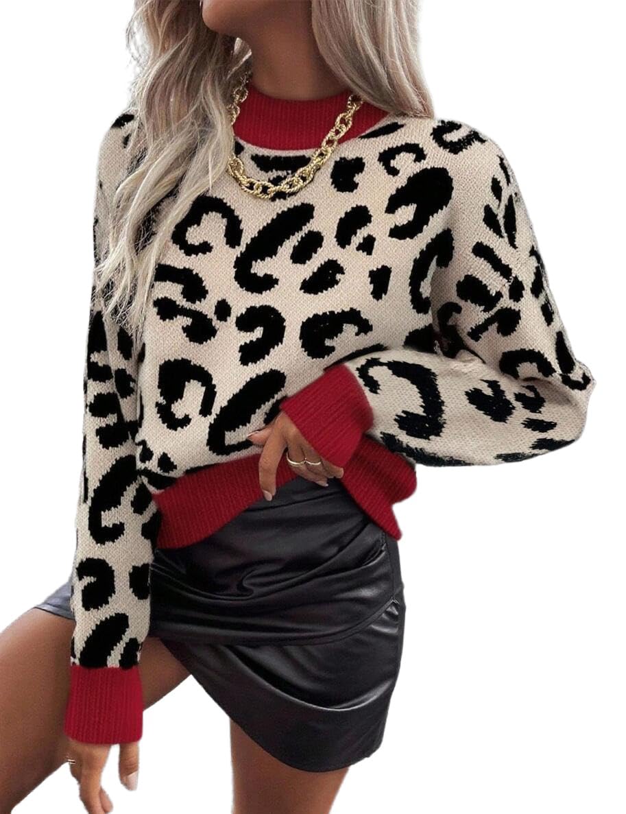 Mywinway Sweaters for Women Fall Winter Cropped Leopard Sweater Crewneck Long Sleeve Chunky Knit Casual Pullover Tops