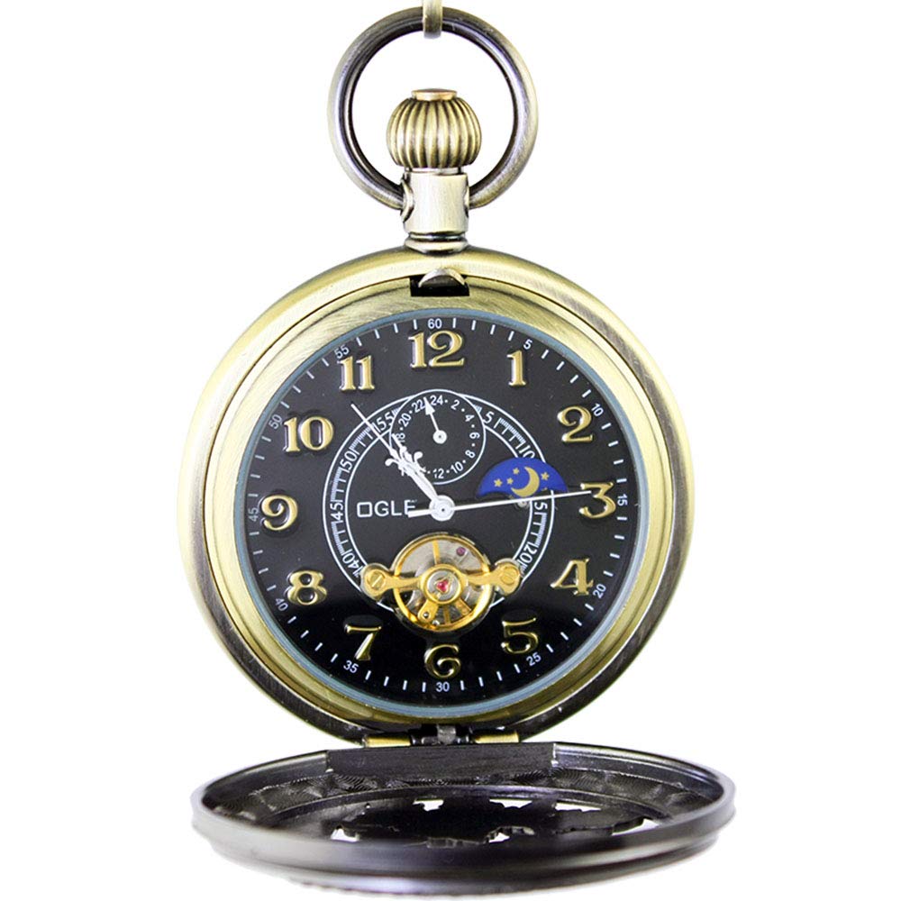Ogle Boîtier de montre de poche analogique à remontage automatique pour homme et étudiant - Étanche - 3 ATM - Bronze - Tourbillon noir - Phases de la lune