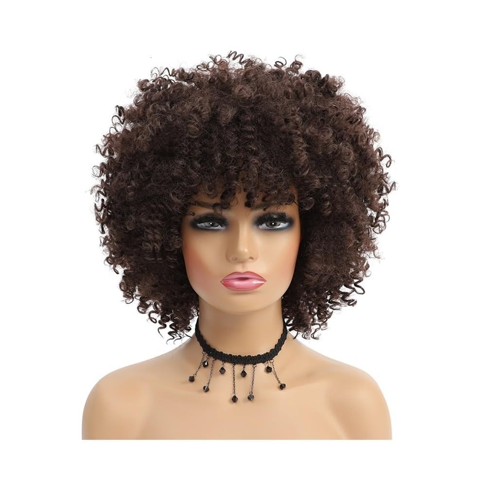 Hair Toppers für Frauen Kurze Haare Afro verworrene lockige Perücke mit Pony afrikanische synthetische Perücken for Frauen(Dark Brown)
