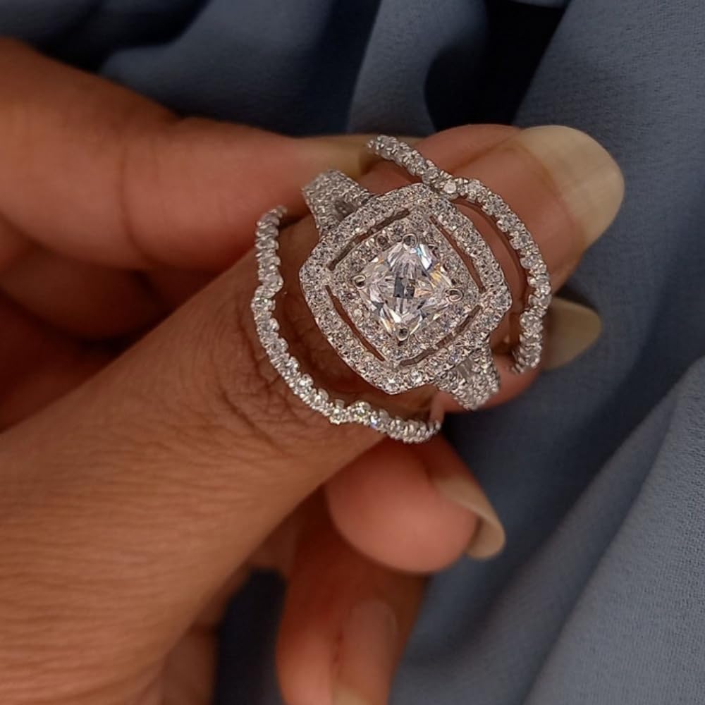 14K White Gold Princess Cut Double Halo Moissanite Trio Bridal Set, 3 Piece Engagement Ring & Two Matching Bands for Women, Vintage Style D Color VVS1 Promise Ring