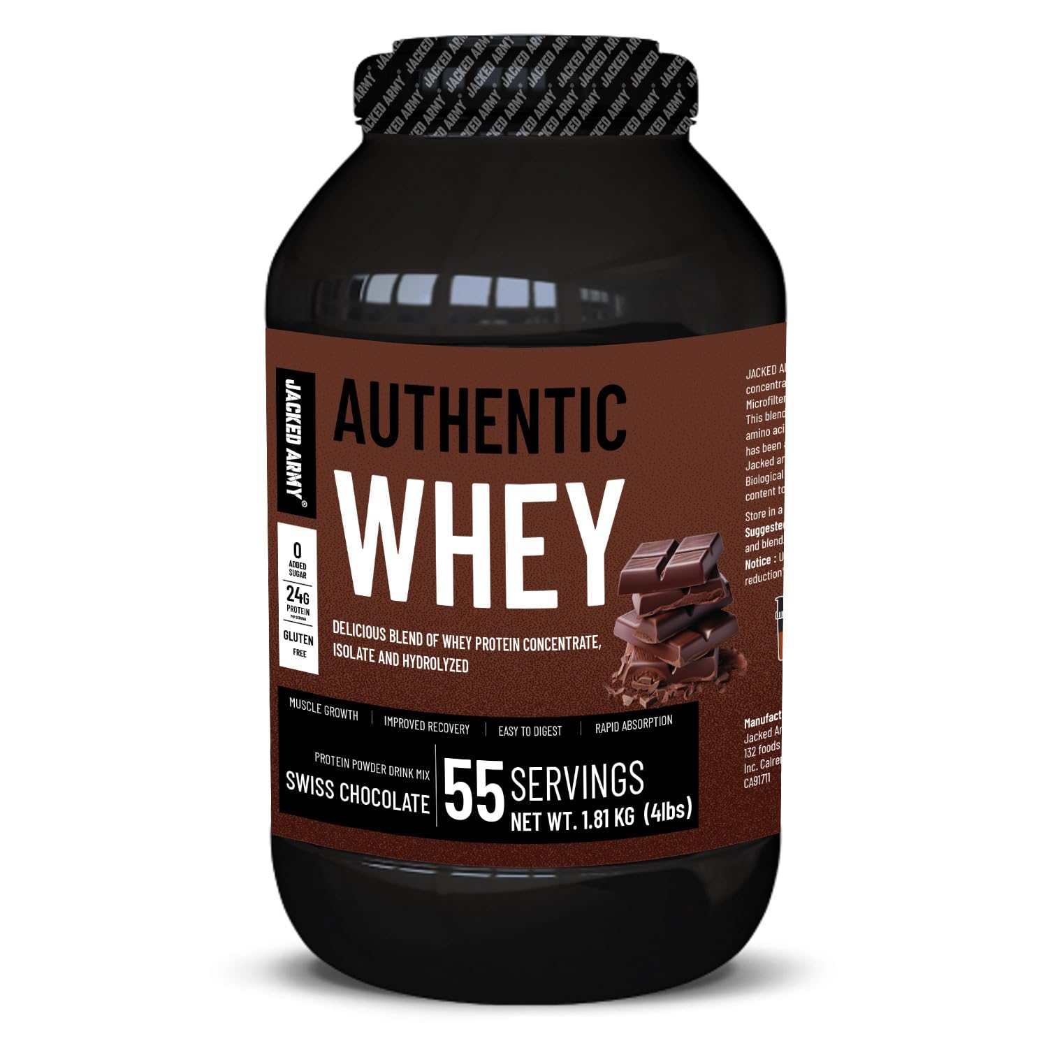 Jacked Army Whey Protein Powder - 100% Pure, 24g High Protein, Low Carb, Fast Absorption - Supports Muscle Growth & Recovery - Ideal for Post-Workout Recovery [1.81Kg (4Lbs), Swiss Chocolate]