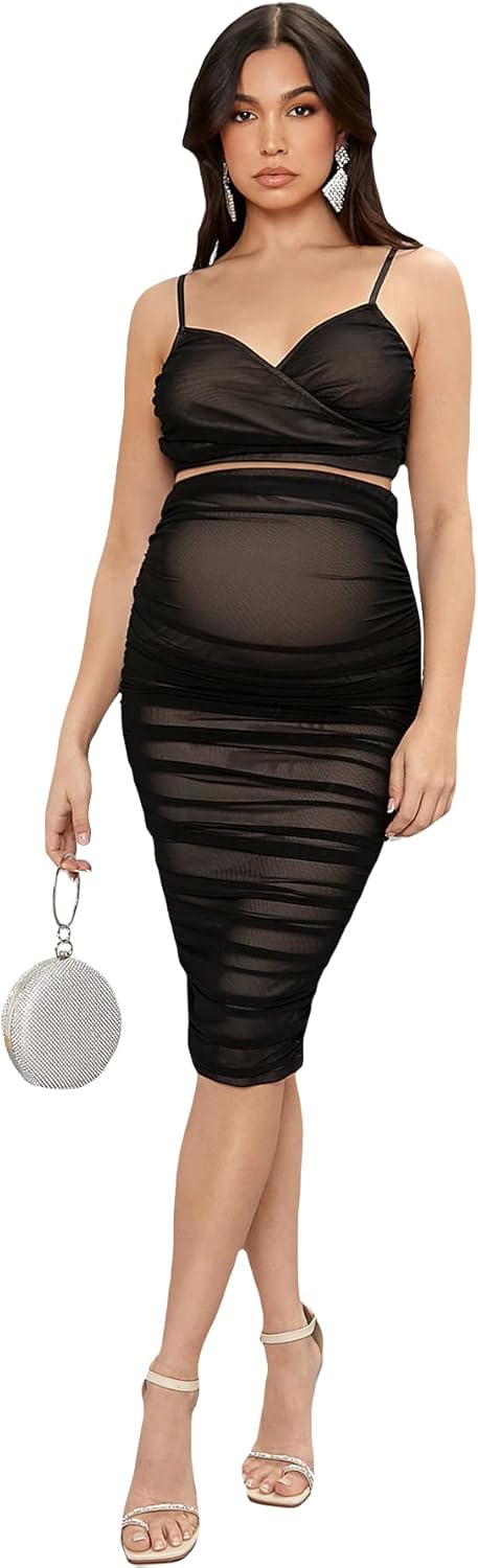 Floerns Women's Maternity 2 Piece Outfit Mesh Crop Cami Top and Pencil Skirt Set