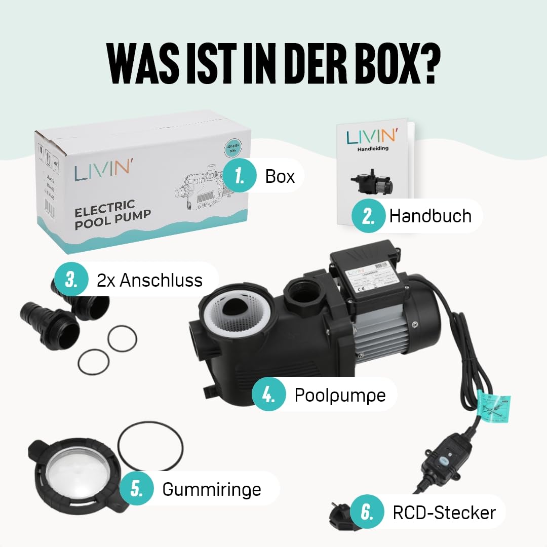 LIVIN' Poolpumpe 250W - Schwimmbad Schmutzwasserpumpe Poolfilter LIV425RCD im Pool Zubehör mit hoch 10 m Hmax - 65 dB Niedriger Geräuschpegel, Pool Pumpe wasser Filteranlage reinigt bis zu 10000 L/hr