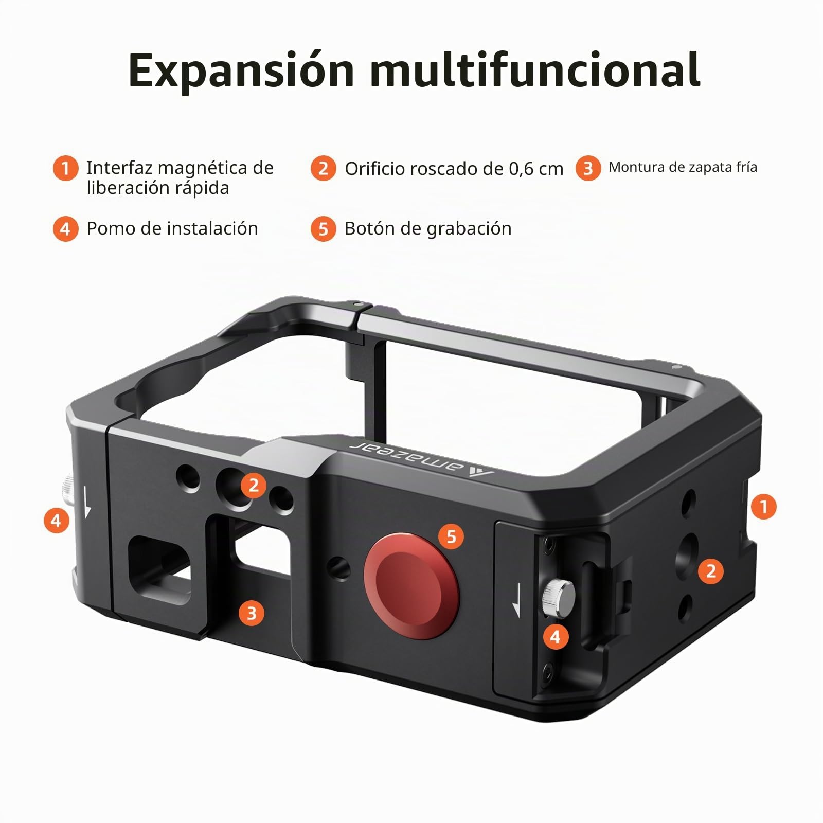 AMAZEAR Jaula para dji Osmo Action 6, Action6 Pro Accesorios Cage/Case, Funda Protectora Multifunción de Marco Utilitario, Carcasa de Aluminio Más Fuerte con Tapas de Lente de Silicona Suave,Negro