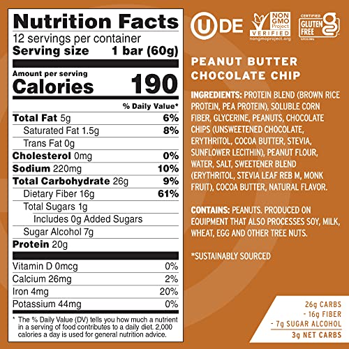 No Cow High Protein Bars, Peanut Butter Chocolate Chip, 21G Plant Based Vegan Protein, Keto, Low Sugar, Low Carb, Low Calorie, Gluten Free, Naturally Sweetened, Dairy Free, Non Gmo, Kosher, 12 Pack #TOP2