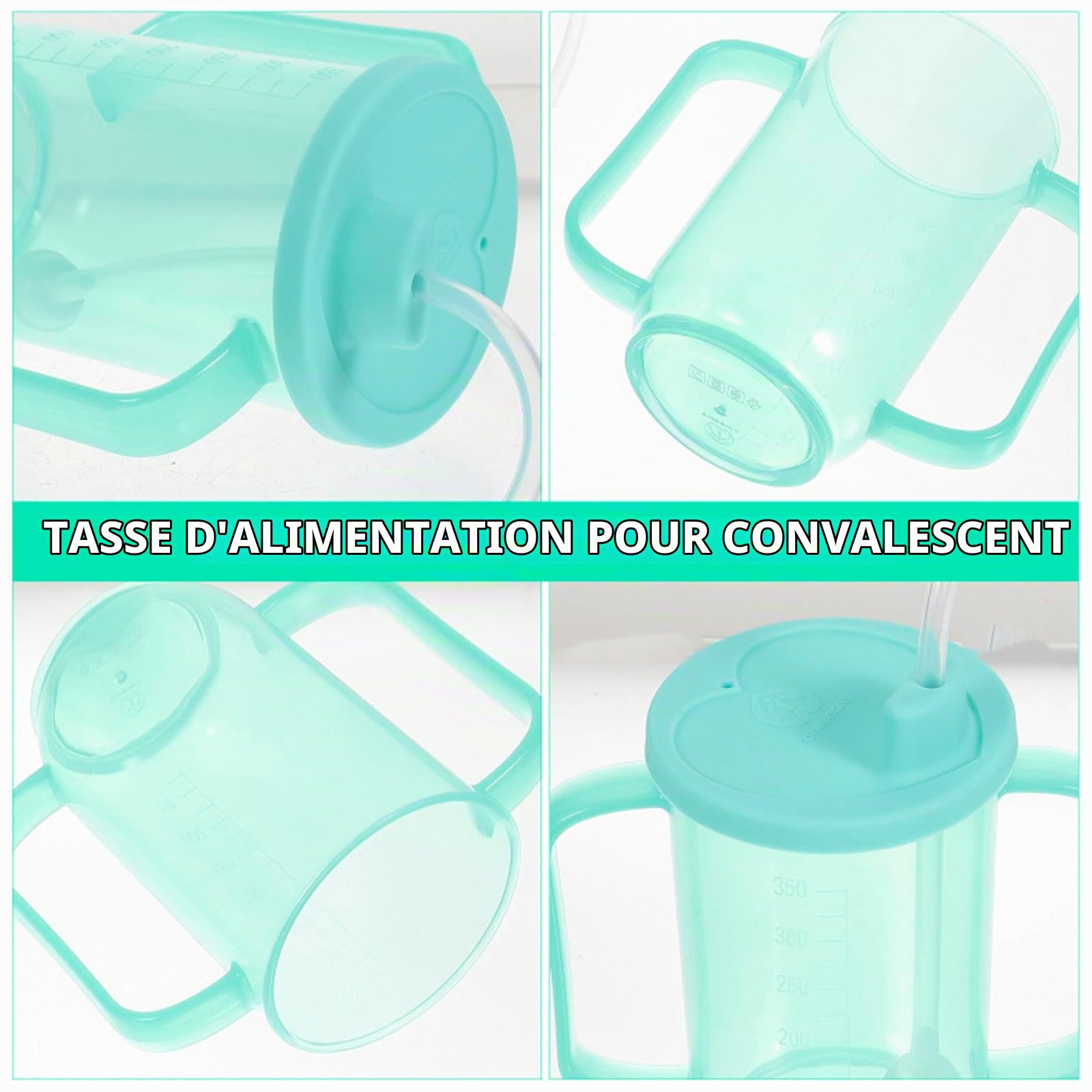 FakeFace Gobelet de Soin Patient Alité Tasse Aliment Liquide pour Personnes Âgées Gobelet Anti-déversement et Anti-fuite avec 4 Poignées pour Adulte Handicapé Maternité Tasse D'alimentation