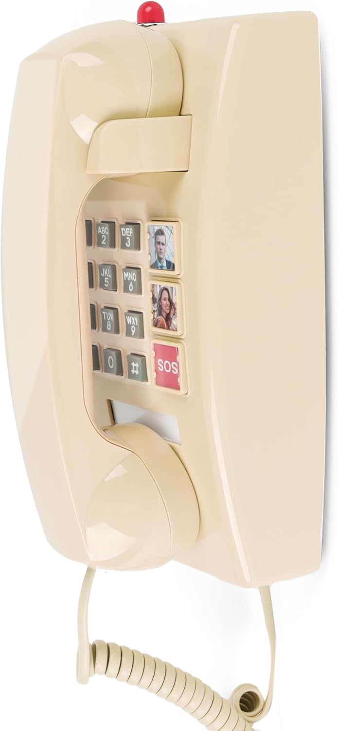Wall Phone for Home, Corded Wall Home Phone with Adjustable Call Volume & 3 One-Touch Dialing for Seniors, Telephone Landline Phones with Mechanical Ringer Indicator for Elderly, Beige
