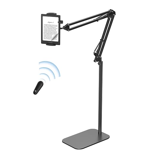 VOLTIFYMAX Floor Stand Holder with Remote Page Turner for Kindle, Stand for Reading in Bed, Tablet Mount with Clicker, Reading Accessories Compatible with Kindle, Tablets & Phones 4.7-12.9 inch(Black)