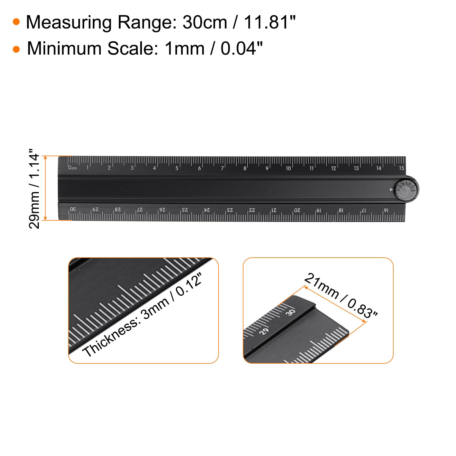 HARFINGTON 2pcs Folding Straight Ruler 30cm Metric Aluminum Alloy Protractor Foldable Angle Ruler Geometric Measure Tool with Angle Line for Architect Artist Office, Black/Khaki