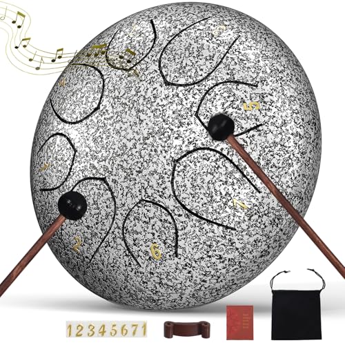 Image of Rain Drum for Outside Garden, 6 Inches 8 Notes Steel Tongue Chakra Drums, Waterproof Meditation Rain Chime, Musical Instruments for Adult Gift with Bag, Music Book, Drum Mallets (Star Sliver)