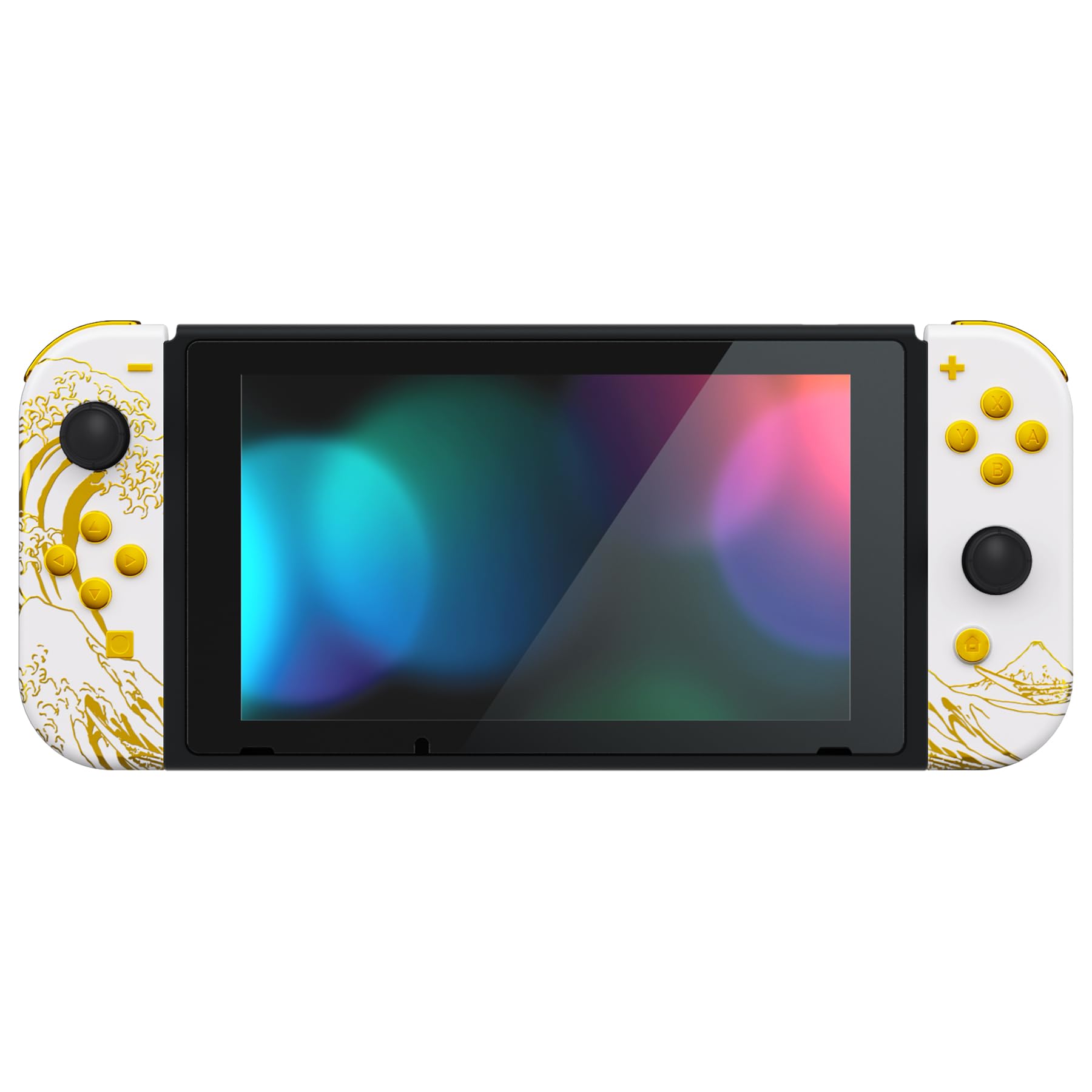 eXtremeRate Back Plate for Nintendo Switch Console, NS Joycon Handheld Controller Housing Shells with Full Set Buttons, DIY Shell for Nintendo Switch - The Great GOLDEN Wave Off Kanagawa - White
