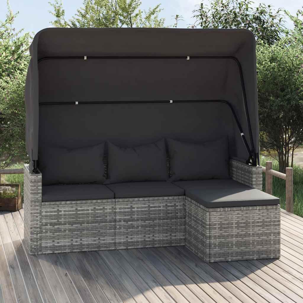 vidaXL Gartensofa 3 Sitzer, Sofa mit faltbaren Dach, Couch mit Fußhocker, Relaxsofa Dreisitzer Terrassensofa Gartenmöbel, Grau Poly Rattan