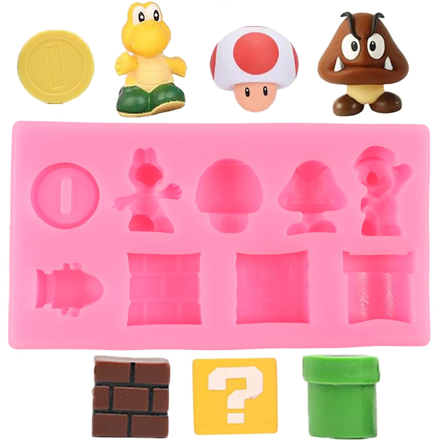 9 Hole Super Mario Yoshi Icon Square Brick Dragon Mushroom Gold Coin Silicone Molds Super Mario Fondant Molds for Cake Decorating Cupcake Topper Candy Chocolate Gum Paste Polymer Clay, QXM28