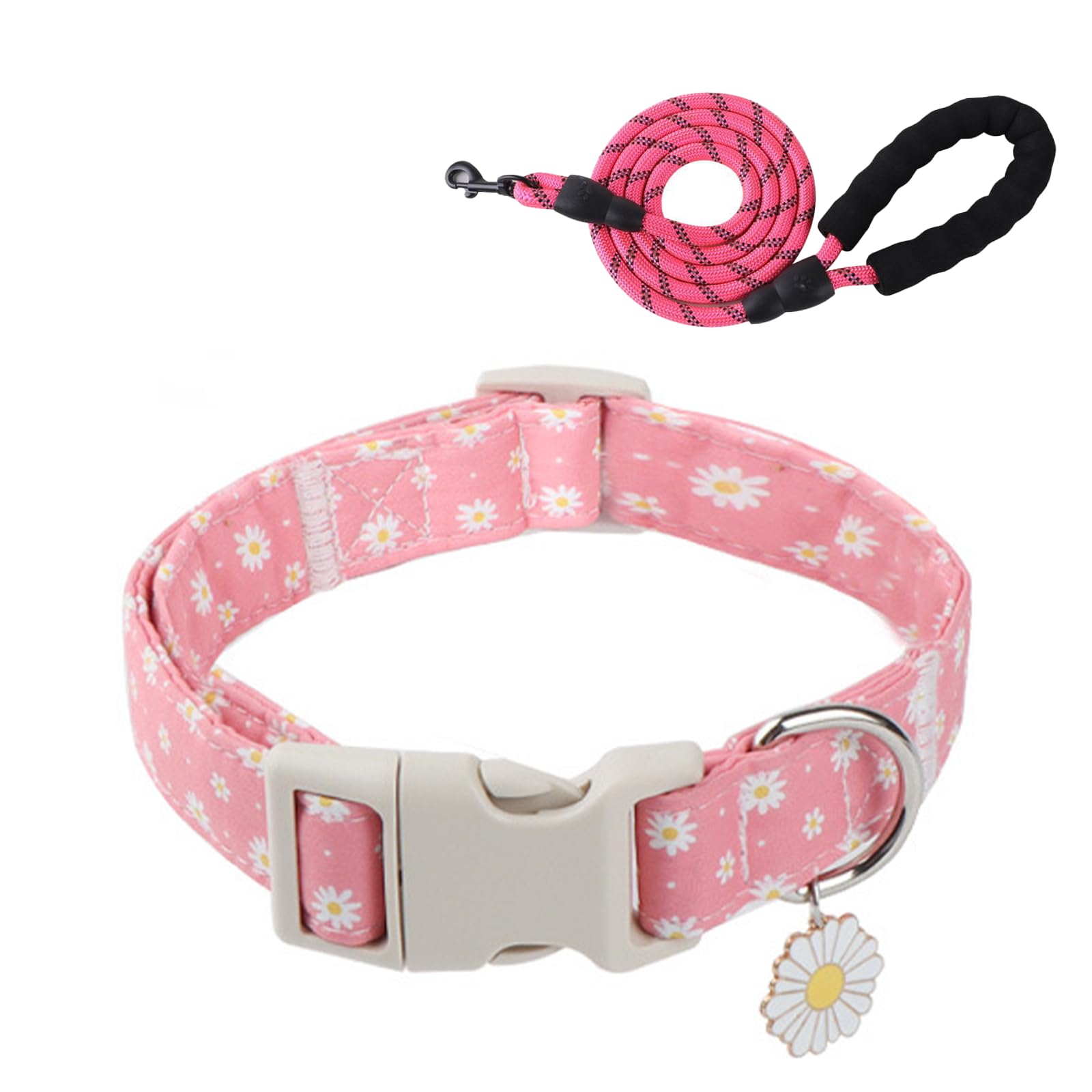 Pet Cotton Hemp Dog Collar and Leash Set | Paws Floral Dog Collar- Cute Daisy Pink Dog Collars with Plastic Buckle, Light Adjustable Dog Collars for Small Medium Dogs