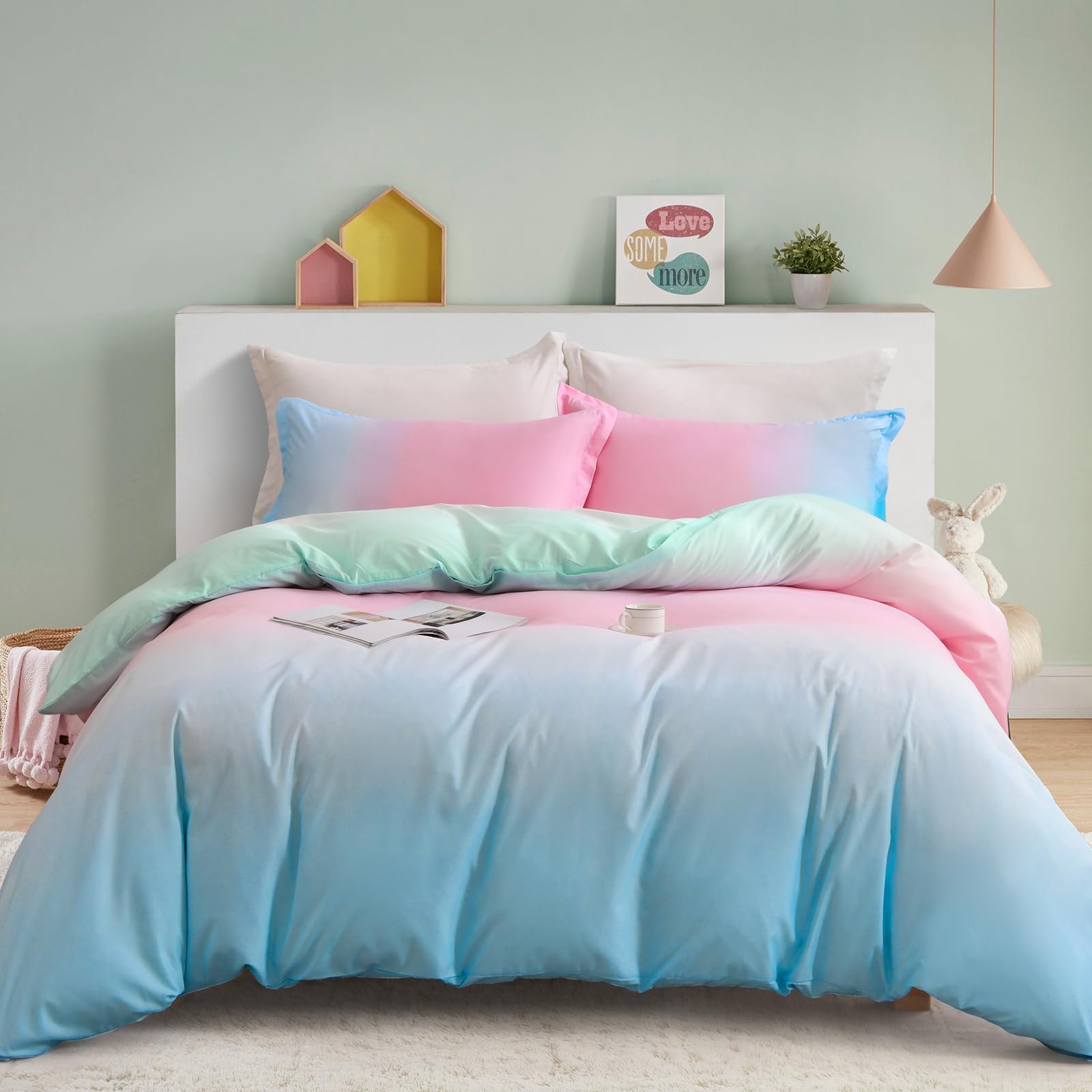 Blue and Pink Bedding Set Double Size Ombre Rainbow Duvet Cover Soft Brushed Microfiber Quilt Cover for Kids Girls Teens Adults with 2 Pillowcases Zipper Closure 200x200cmOEKO-TEX STANDARD 100