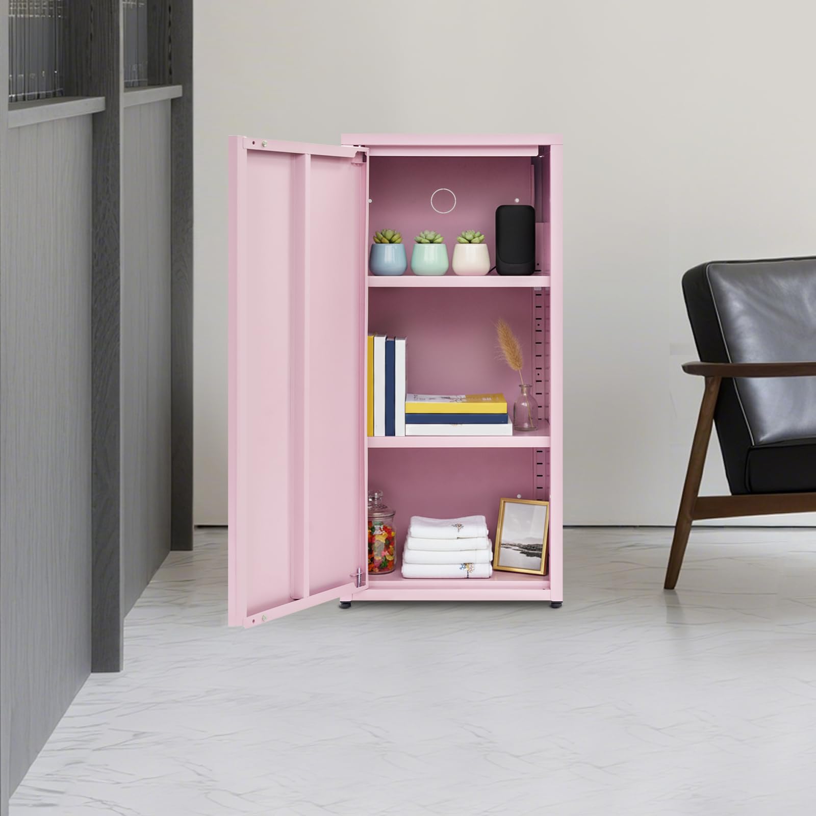Archivador de metal con puerta individual, armario de almacenamiento con 2 estantes ajustables en altura, taquilla de metal resistente para oficina, escuela, salón, 40 x 35 x 88 cm (rosa)