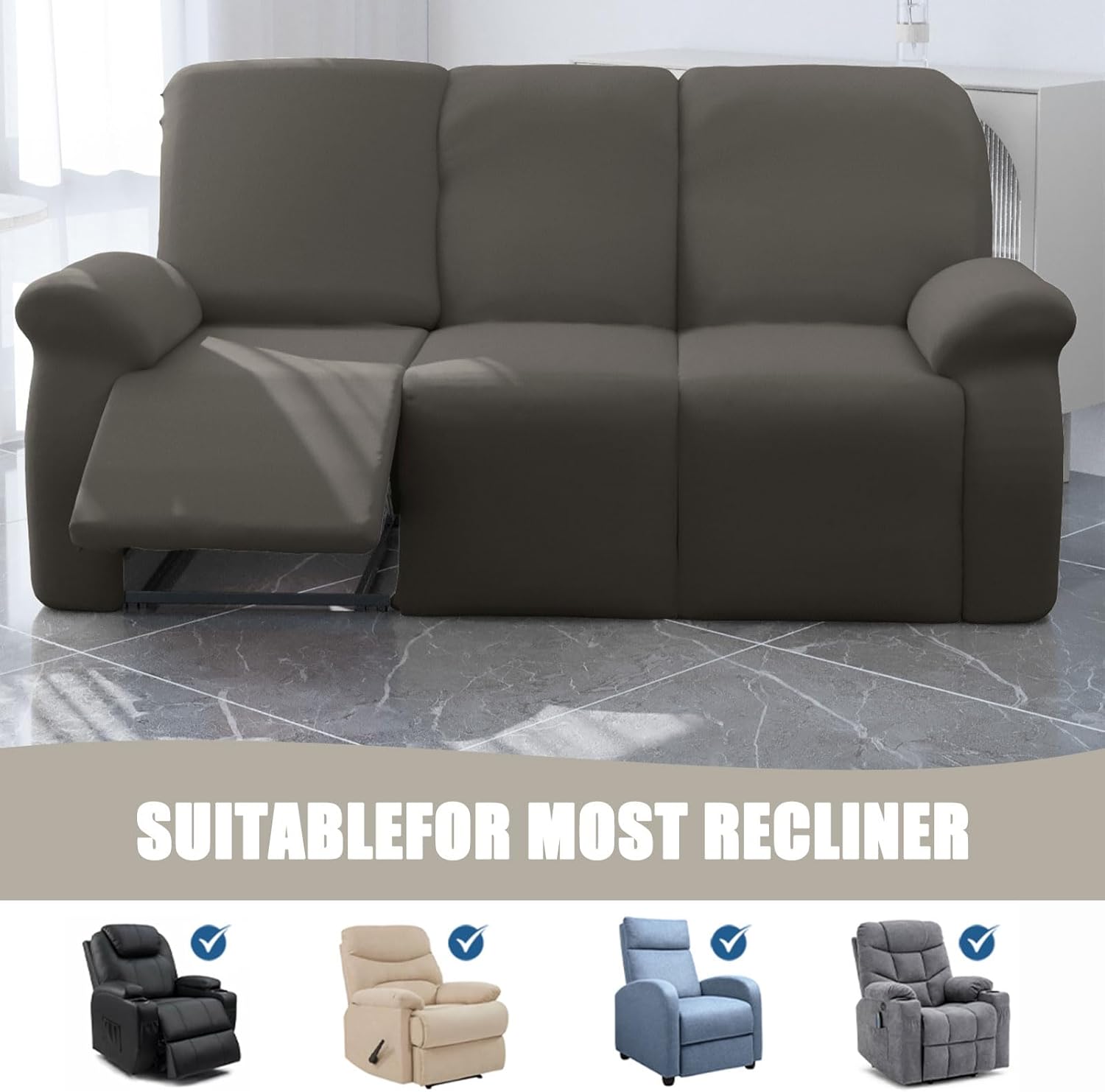 4 Pieces Waterproof Recliner Chair Covers Stretch Recliner Slipcover for Chair with Storage Pocket Sofa Covers for Small Recliners,Brown,2 Seater