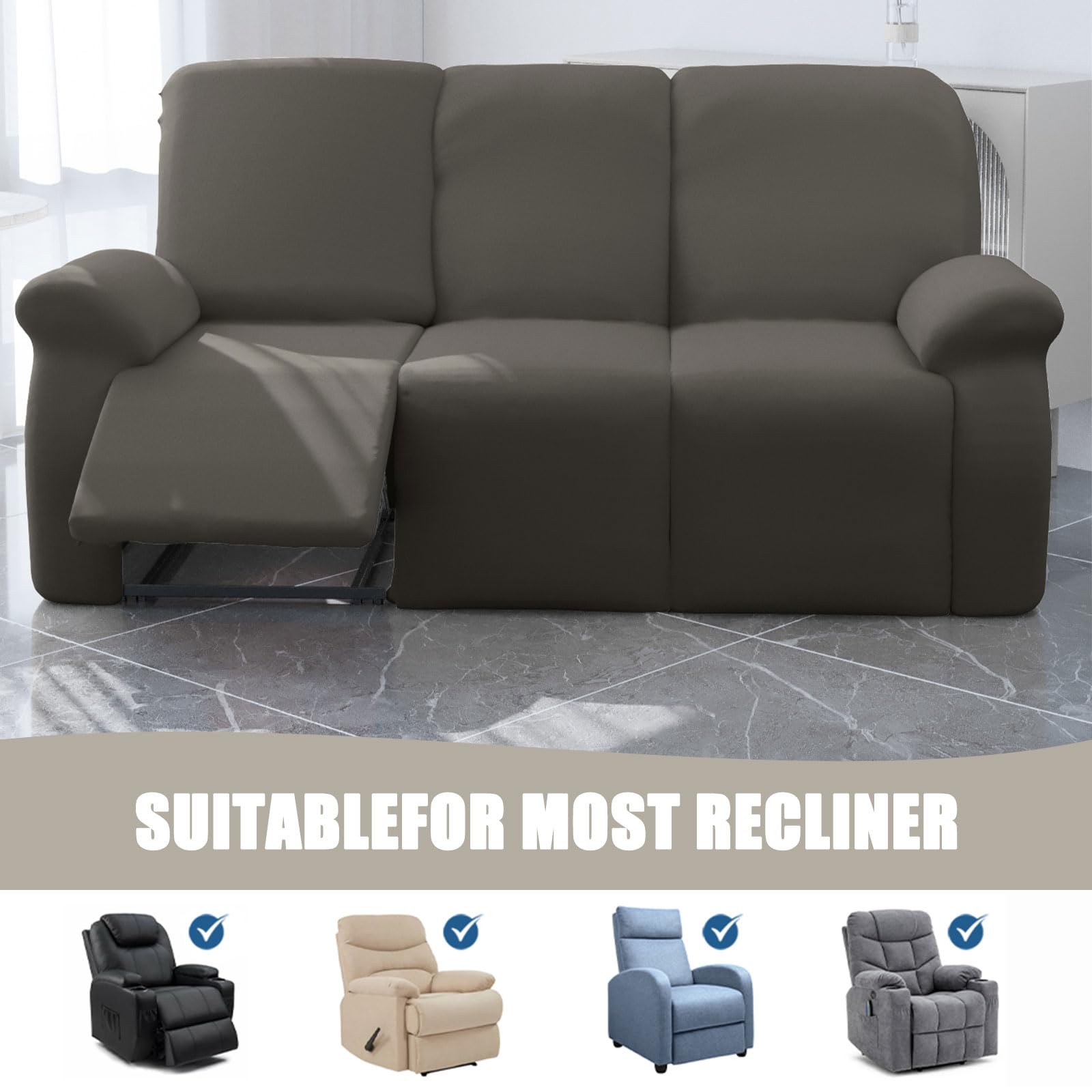 Funda Sillón Relax Reclinable Elástica, Funda Reclinable 4 Piezas con Bolsillos Laterales, Fundas Sillon Relax 1 Plaza,Beige,2 Seater